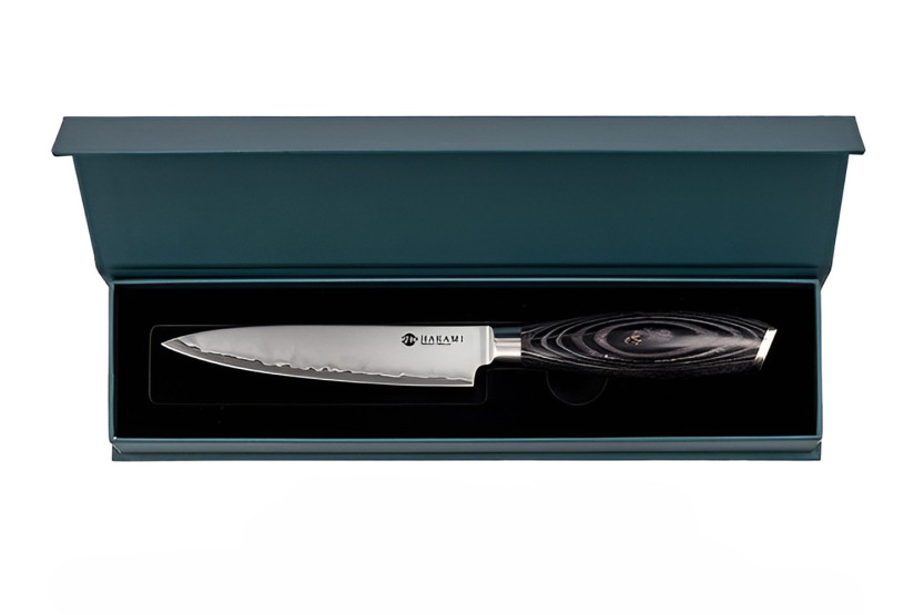 Faca universal Hakami Ajisai de 12 cm, lâmina San Mai, cabo em pakkawood preto e cinzento