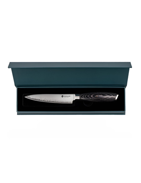 Coltello universale Hakami Ajisai da 12 cm con lama San Mai e manico in pakkawood nero e grigio