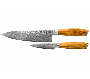 Hakami Tsubaki 2-Knife Set: Damascus-Blade Kitchen Knife + Chef's Knife