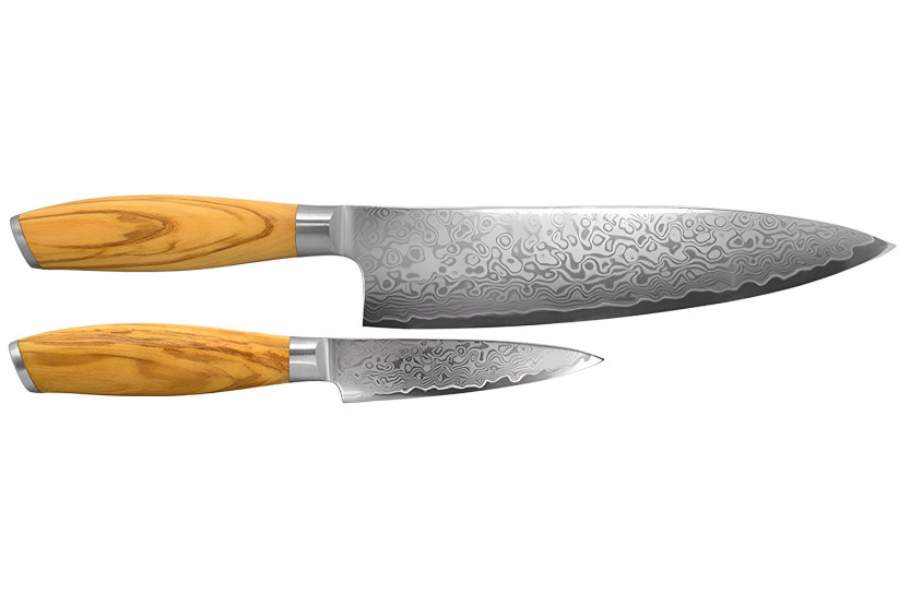 Hakami Tsubaki 2-Knife Set: Damascus Blade Kitchen Knife + Chef's Knife