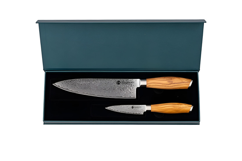 Hakami Tsubaki 2-Knife Set: Damascus-Blade Paring Knife + Chef's Knife