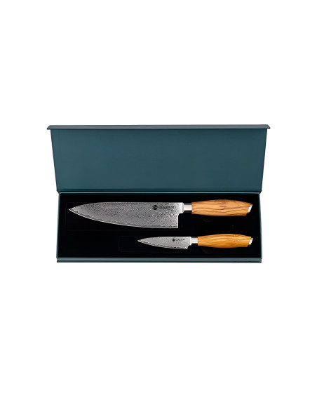 Hakami Tsubaki 2-Knife Set: Damascus-Blade Paring Knife + Chef's Knife