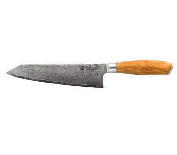 Hakami Tsubaki 20 cm Bunka Knife with Damascus blade and olive wood handle