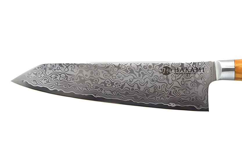Cuchillo Bunka de 20 cm de Hakami Tsubaki, hoja de damasco y mango de olivo
