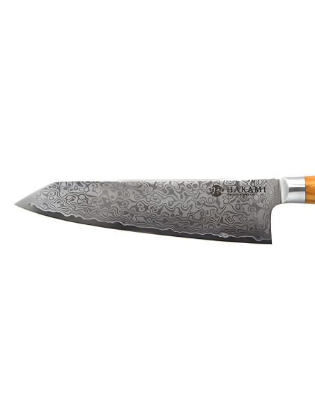 Cuchillo Bunka de 20 cm de Hakami Tsubaki, hoja de damasco y mango de olivo