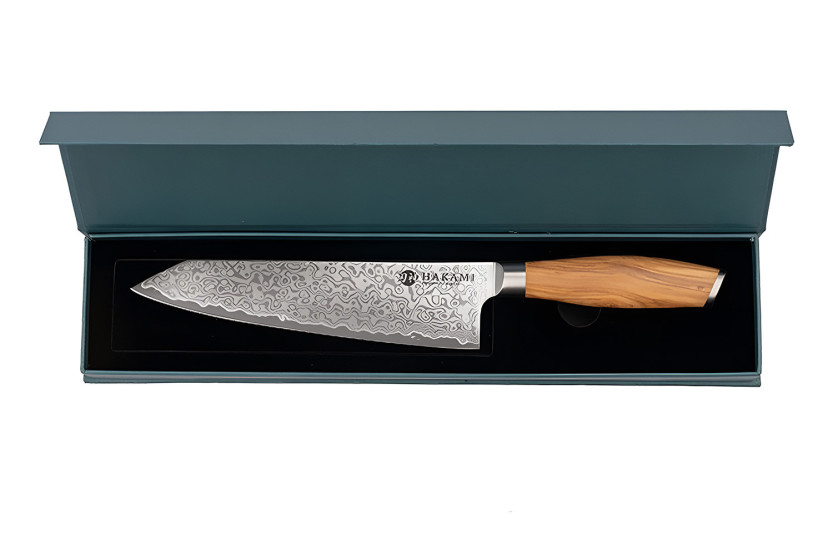 Bunka-kniv 20 cm från Hakami Tsubaki, damaskusblad och handtag i olivträd