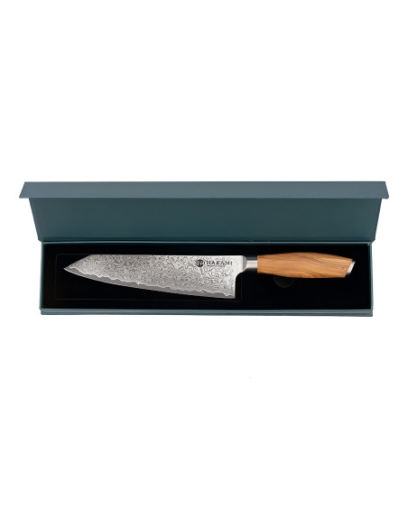 Bunka-Messer 20 cm von Hakami Tsubaki, Damaszener-Klinge, Griff aus Olivenholz