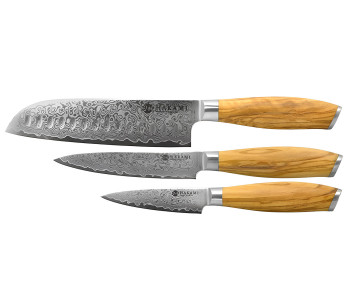 Hakami Tsubaki 3-Knife Set: Damascus Blade—Parating Knife, Utility Knife, and Chef's Knife