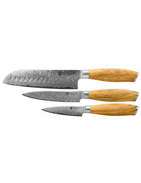 Hakami Tsubaki 3-Knife Set: Damascus Blade—Parating Knife, Utility Knife, and Chef's Knife