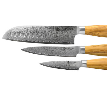 Hakami Tsubaki 3-Knife Set: Damascus Blade—Parating Knife, Utility Knife, and Chef's Knife 2