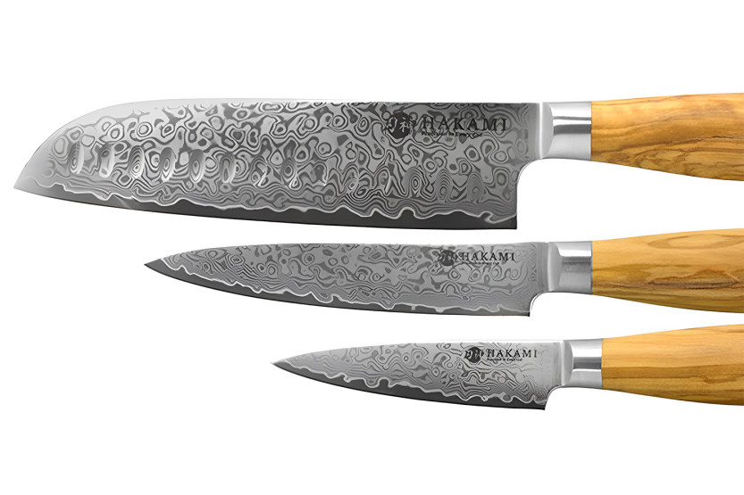 Hakami Tsubaki 3-Knife Set: Damascus Blade Kitchen Knife + Utility Knife + Chef's Knife