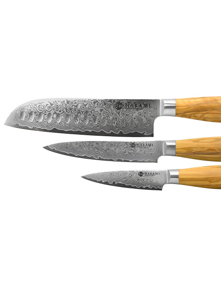 Conjunto de 3 facas Hakami Tsubaki: Faca de cozinha com lâmina de Damasco + Faca multiusos + Faca de chef