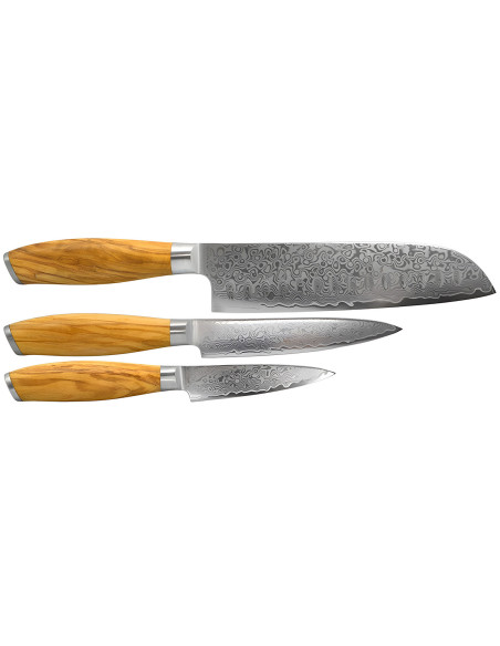 Conjunto de 3 facas Hakami Tsubaki: Lâmina de Damasco — Faca de parating, Faca multiusos e Faca de chef