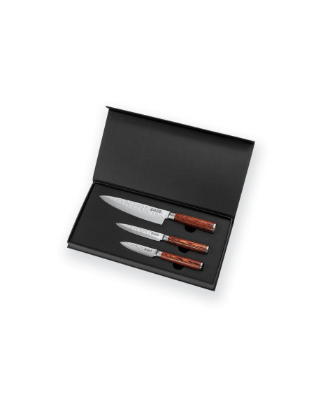 Conjunto de 3 facas Wusaki Pakka X50 pakkawood Chef + Universal + Escritório