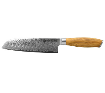 Hakami Tsubaki santokukniv med hulmønster, 18 cm, damaskusblad og håndtak i oliventrær
