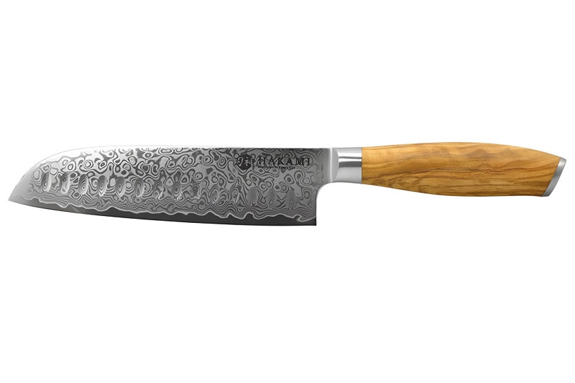 Hakami Tsubaki santokumes met perforaties, 18 cm, damastlemmet, handvat van olijfhout