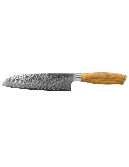 Hakami Tsubaki Santoku-Messer mit Riffelung, 18 cm, Damastklinge, Griff aus Olivenholz