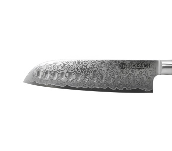 Hakami Tsubaki 18 cm Santoku Knife with Perforated Blade, Damascus Steel Blade, Olive Wood Handle 2