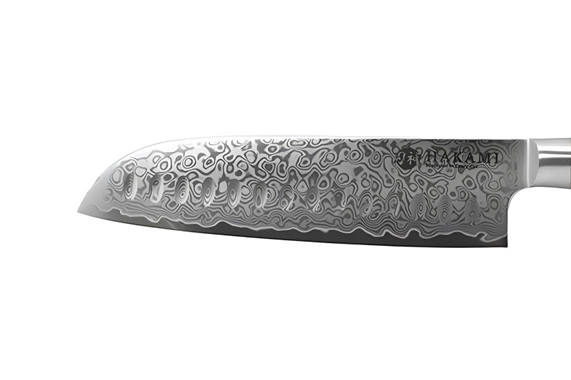 Hakami Tsubaki 18 cm Santoku Knife with Perforated Blade, Damascus Steel Blade, Olive Wood Handle