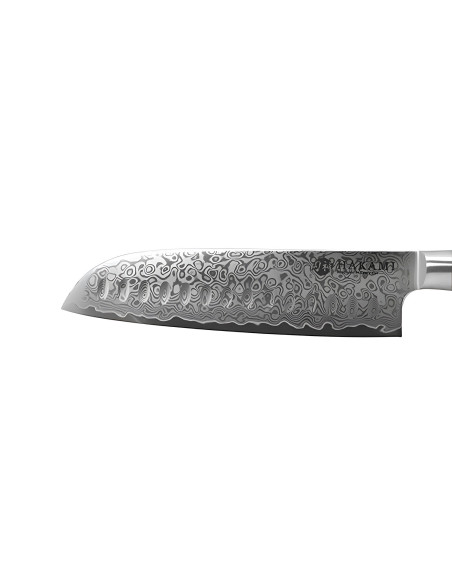 Hakami Tsubaki 18 cm Santoku Knife with Perforated Blade, Damascus Steel Blade, Olive Wood Handle
