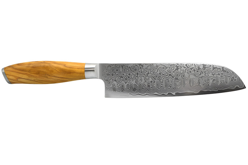 Hakami Tsubaki santokukniv med hullmønster, 18 cm, damaskusblad og håndtak i oliventre
