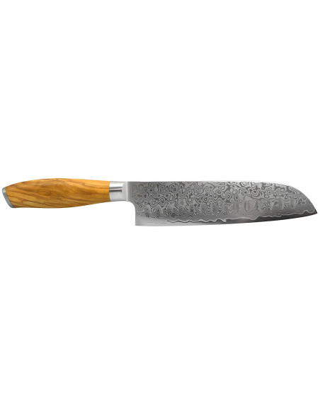 Hakami Tsubaki santokukniv med hålmönster, 18 cm, damaskblad och handtag i olivträd
