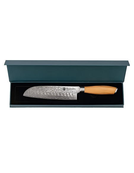 Hakami Tsubaki 18 cm Santoku Knife with Perforated Blade, Damascus Steel Blade, Olive Wood Handle