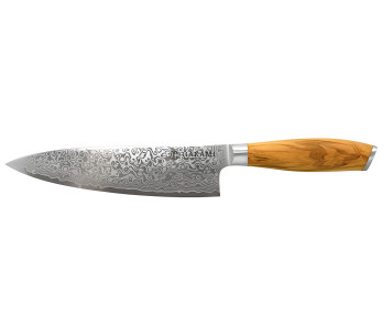 Cuchillo de chef Hakami Tsubaki de 20 cm, hoja de damasco y mango de olivo