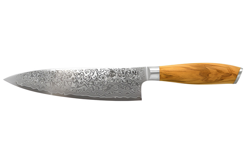 Faca de chef Hakami Tsubaki de 20 cm, lâmina damascada e cabo em madeira de oliveira