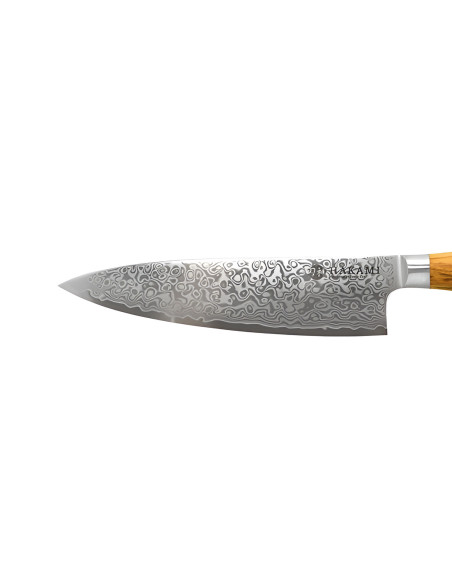 Cuchillo de chef Hakami Tsubaki de 20 cm, hoja de acero damasco y mango de olivo