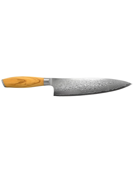 Cuchillo de chef Hakami Tsubaki de 20 cm, hoja de damasco y mango de olivo