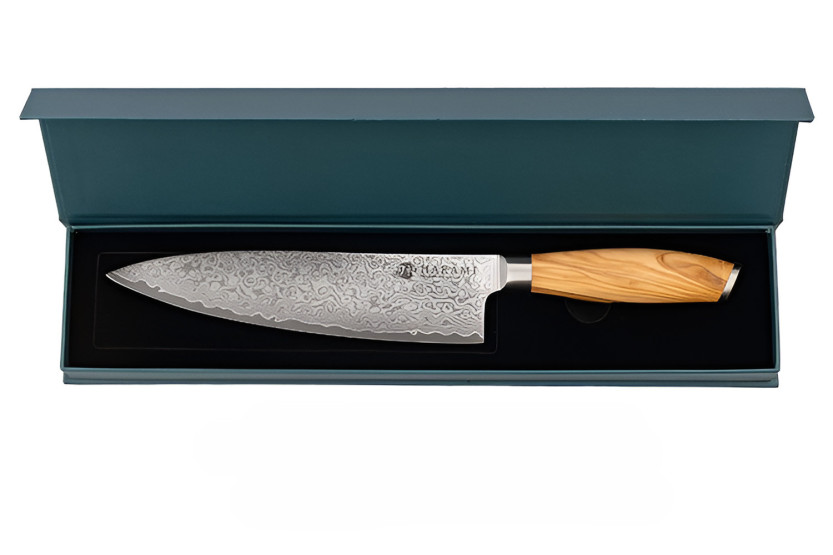 Hakami Tsubaki -kokkiveitsi, 20 cm, damas-terä, oliivipuukahva