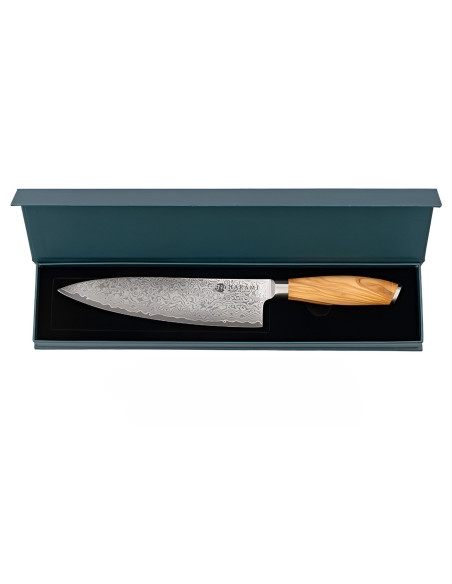 Hakami Tsubaki kockkniv, 20 cm, damaskblad och handtag i olivträd