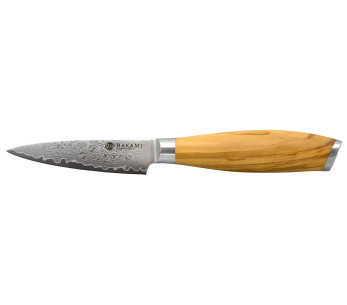 Cuchillo de cocina Hakami Tsubaki de 9 cm, hoja de damasco y mango de olivo