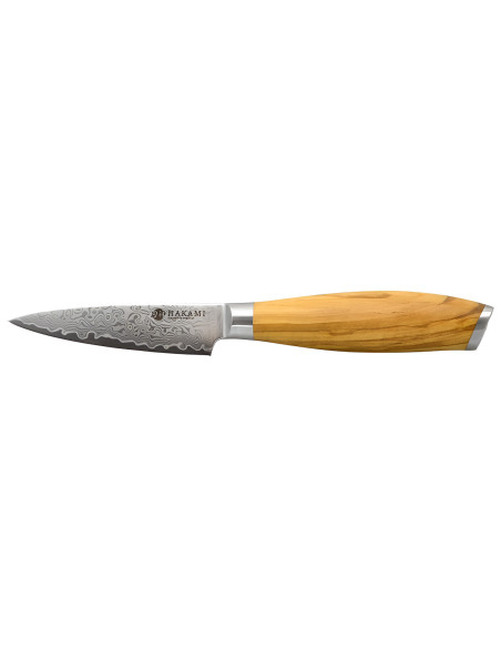 Hakami Tsubaki 9 cm paring knife with a Damascus blade and an olive wood handle