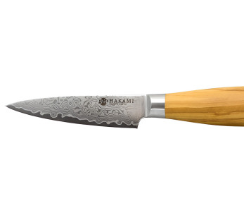 Hakami Tsubaki 9 cm paring knife with a Damascus blade and an olive wood handle 2