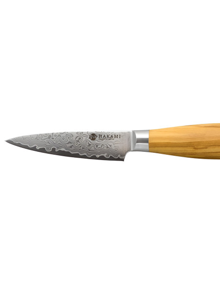 Coltello da cucina Hakami Tsubaki da 9 cm, lama damascata, manico in legno d'ulivo