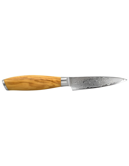 Hakami Tsubaki 9 cm paring knife with a Damascus blade and an olive wood handle