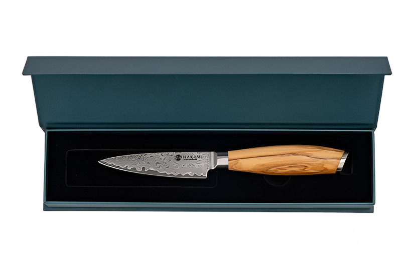 Hakami Tsubaki kjøkkenkniv, 9 cm, damaskusblad, håndtak i oliventrær