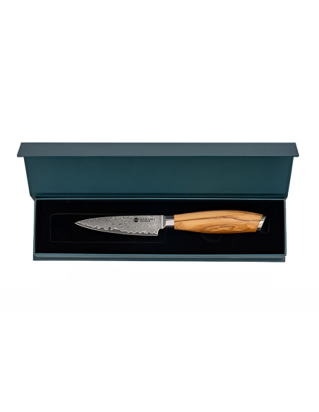 Coltello da cucina Hakami Tsubaki da 9 cm, lama damascata, manico in legno d'ulivo