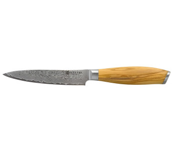Hakami Tsubaki universal kniv, 12 cm, damaskusblad, håndtak i oliventrær