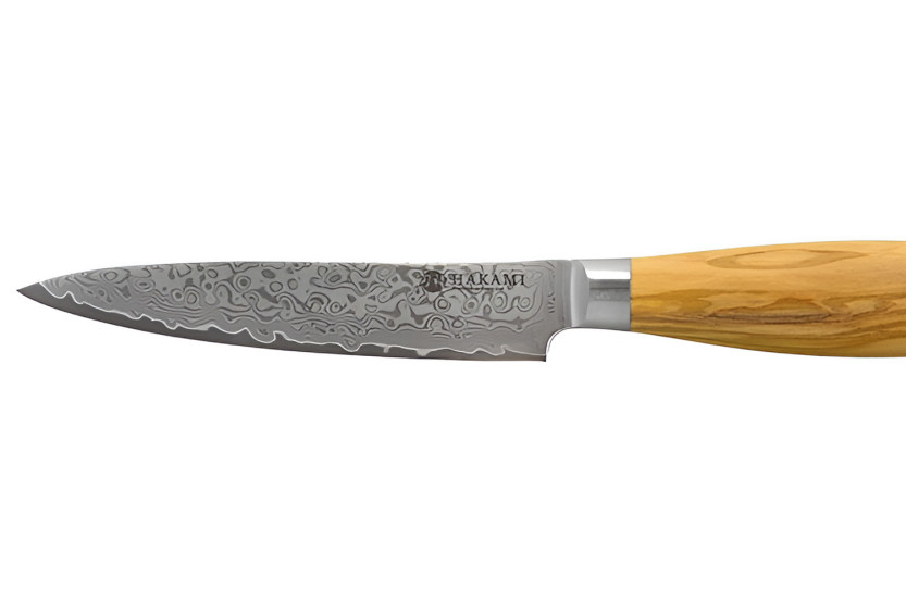 Hakami Tsubaki universalkniv, 12 cm, damaskblad och handtag i olivträ