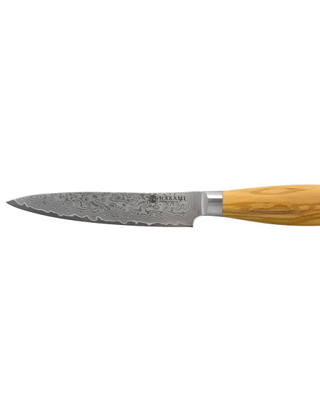 Cuchillo universal Hakami Tsubaki de 12 cm, con hoja de damasco y mango de olivo