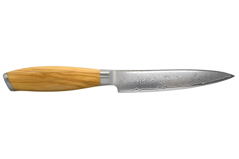 Hakami Tsubaki 12 cm Utility Knife with Damascus Blade and Olive Wood Handle