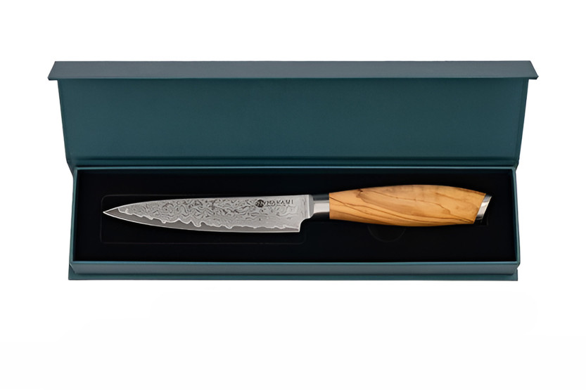 Hakami Tsubaki universal kniv, 12 cm, damaskusblad, håndtag af oliventræ