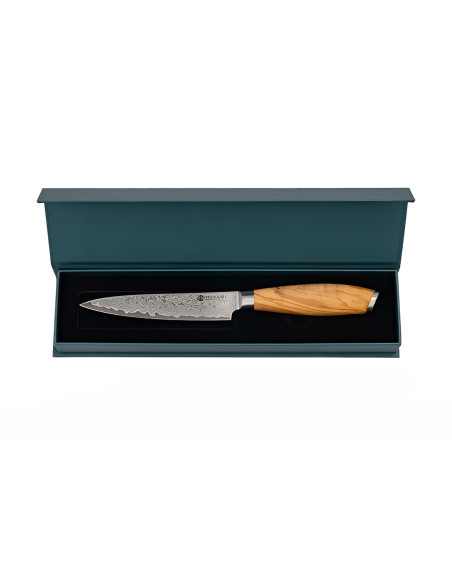Hakami Tsubaki 12 cm Utility Knife with Damascus Blade and Olive Wood Handle