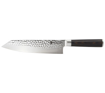 Faca Bunka de 20 cm da Hakami Sakura, com lâmina martelada e cabo em pakkawood castanho