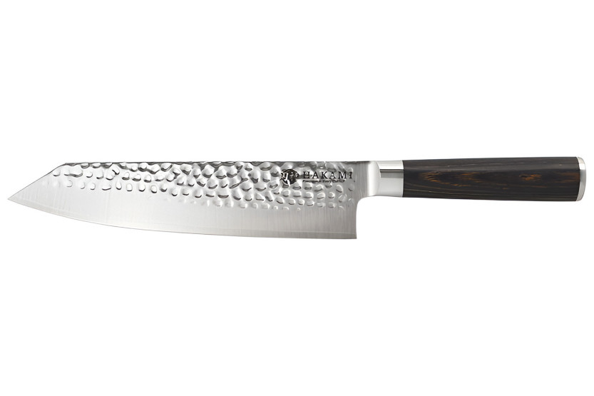 Hakami Sakura 20 cm Bunka Knife with a hammered blade and a brown pakkawood handle