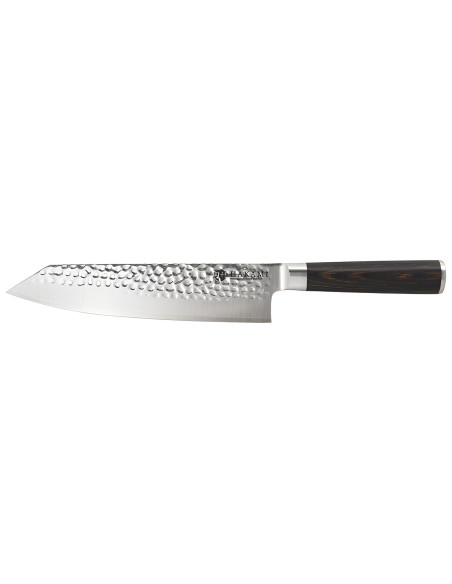 Hakami Sakura 20 cm Bunka Knife with a hammered blade and a brown pakkawood handle