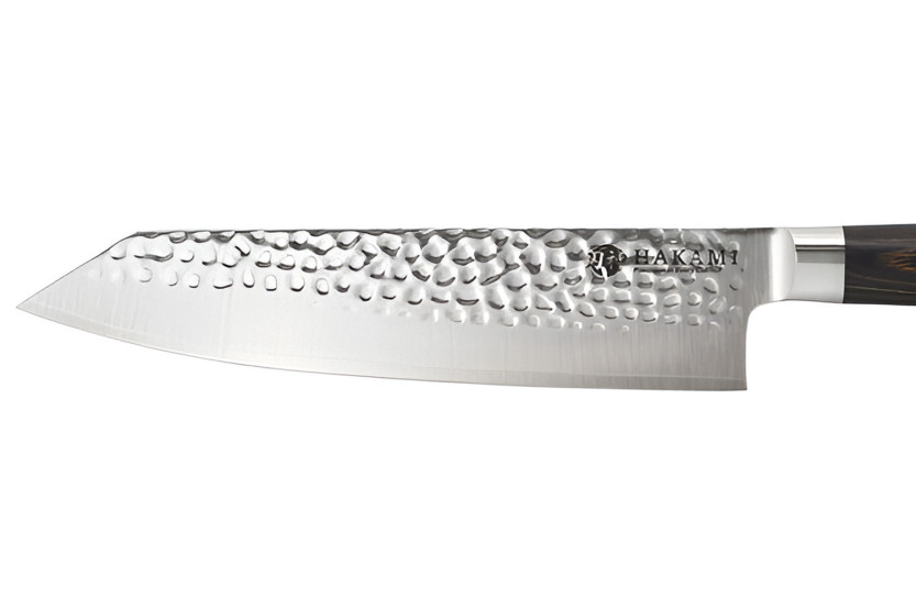 Faca Bunka de 20 cm da Hakami Sakura, com lâmina martelada e cabo em pakkawood castanho